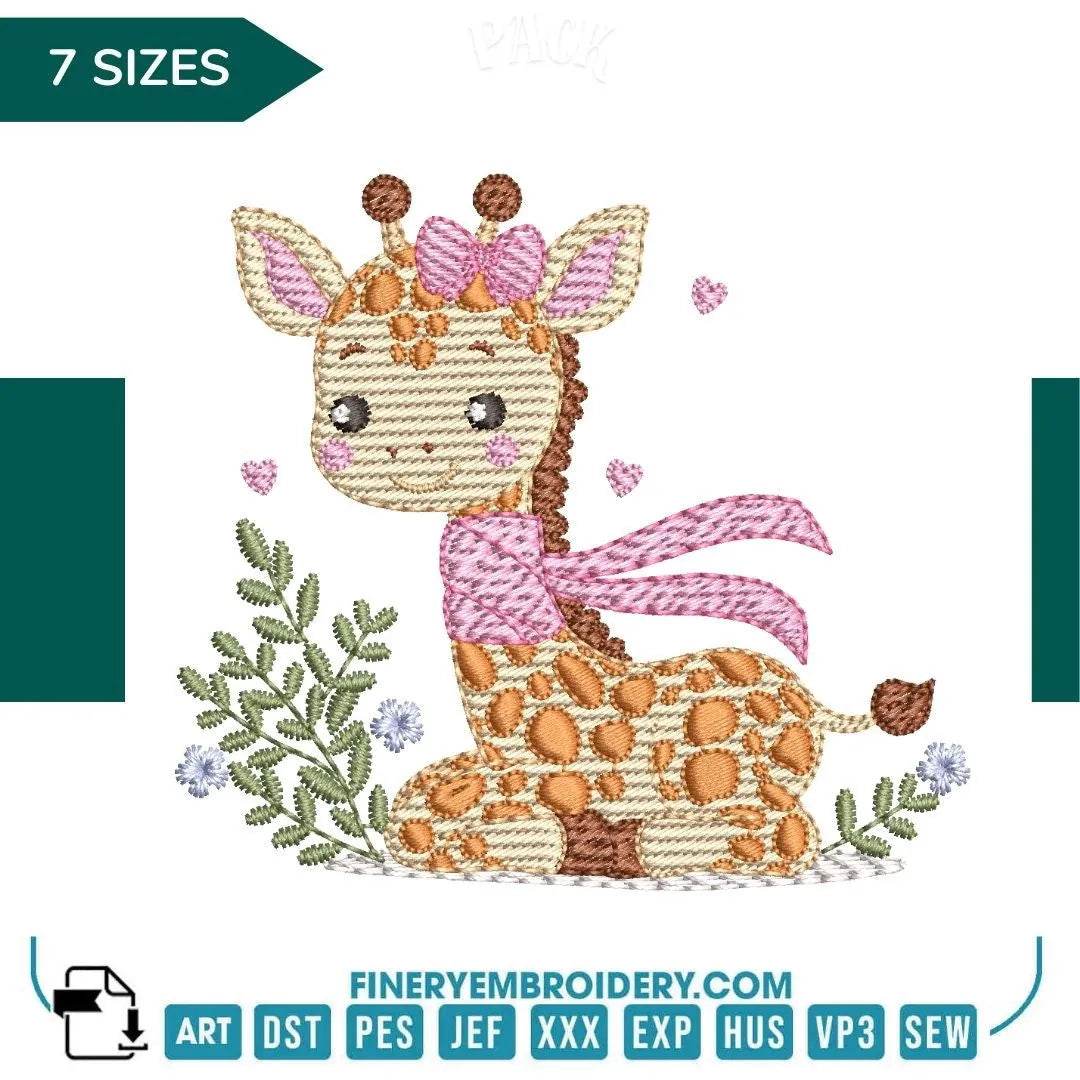 Adorable Giraffe with Bow Embroidery Design - 7 Sizes | FineryEmbroidery