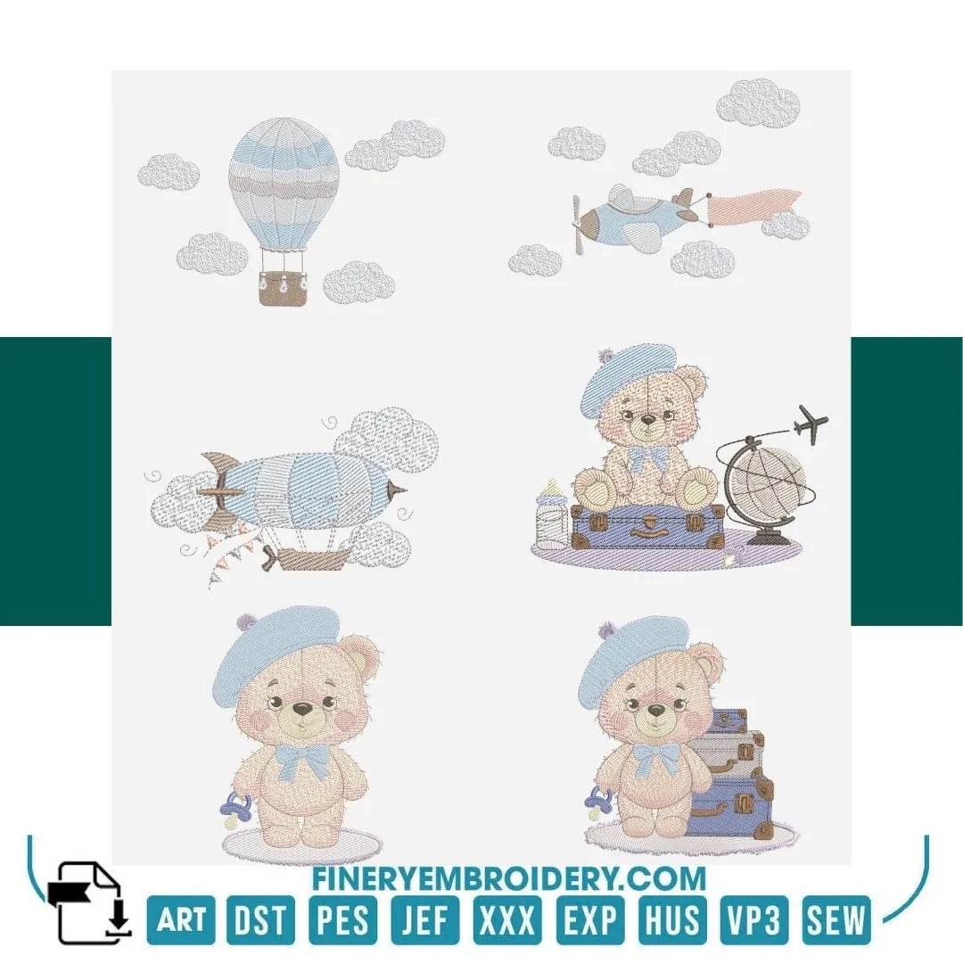 Adventurous Bear Embroidery Design Pack – 6 Designs in Multiple Sizes | FineryEmbroidery