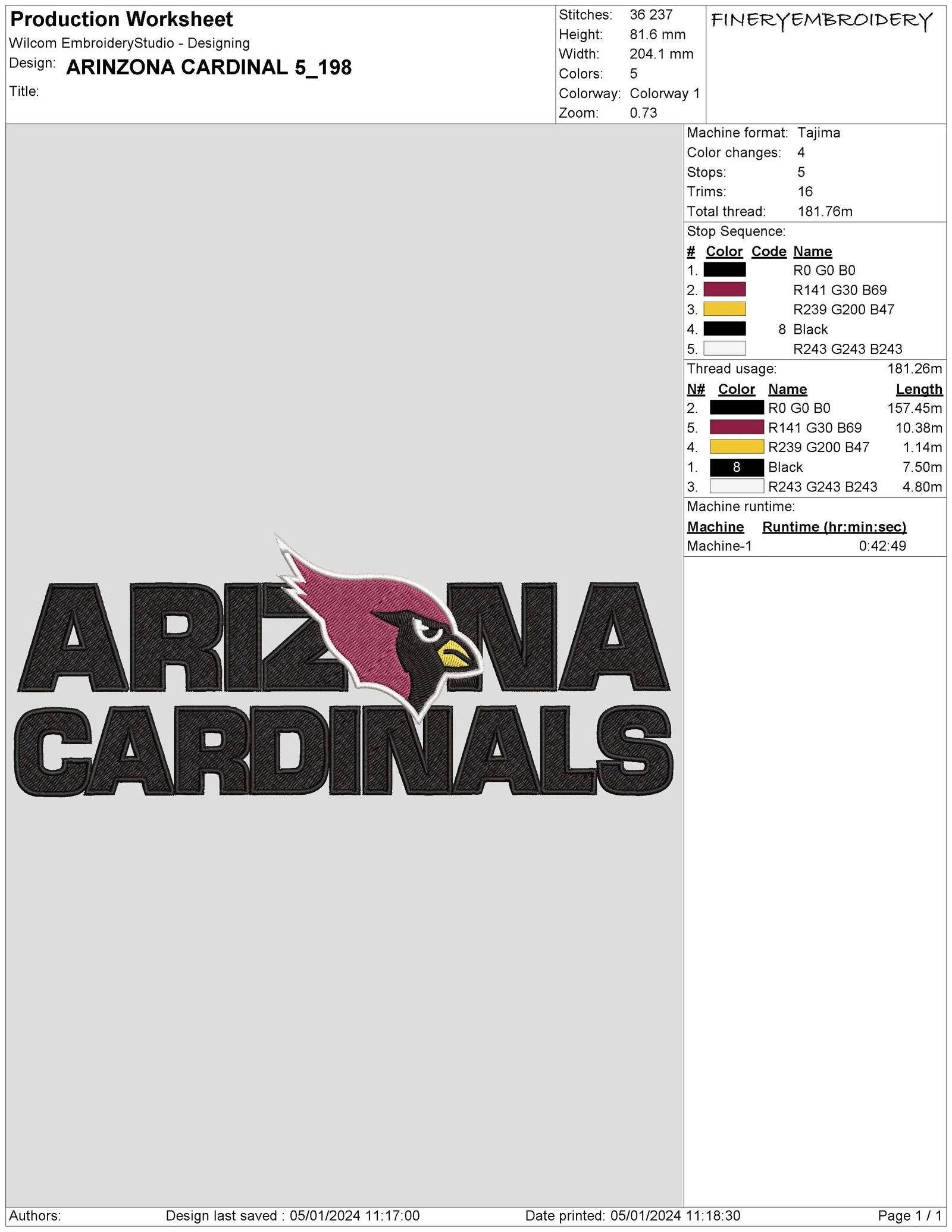 Arizona Cardinals 5 : Embroidery Design - Image 3