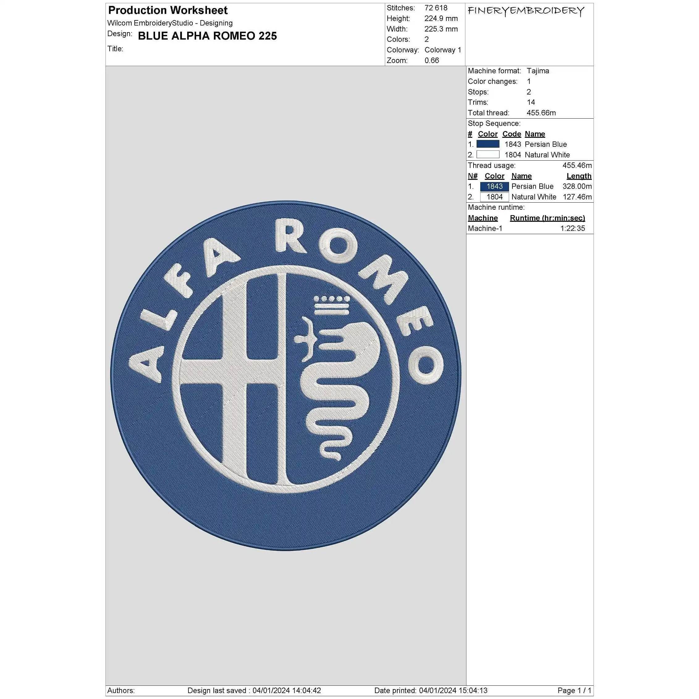 Blue Alpha Romeo Embroidery Design - Image 3