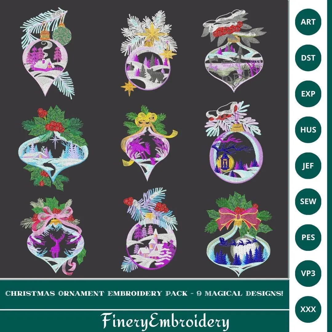 Christmas Ornament Embroidery Pack - 9 Magical Designs!