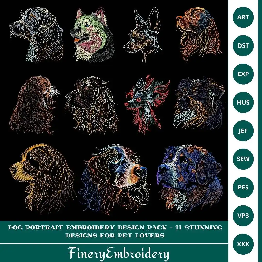 Dog Portrait Embroidery Design Pack β 11 Stunning Designs for Pet Lovers