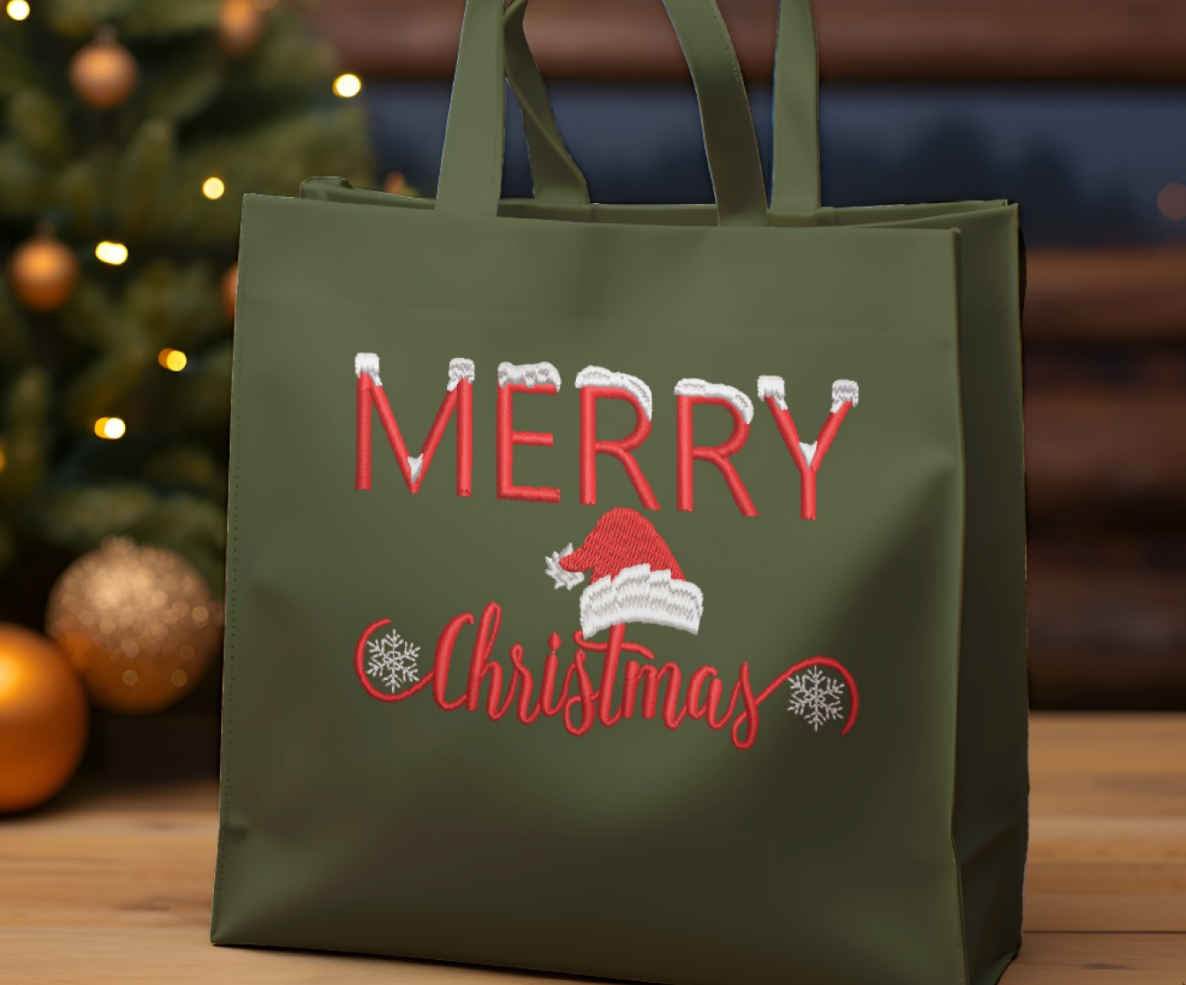 Festive Merry Christmas Embroidery Design with Santa Hat & Snowflakes - Image 2