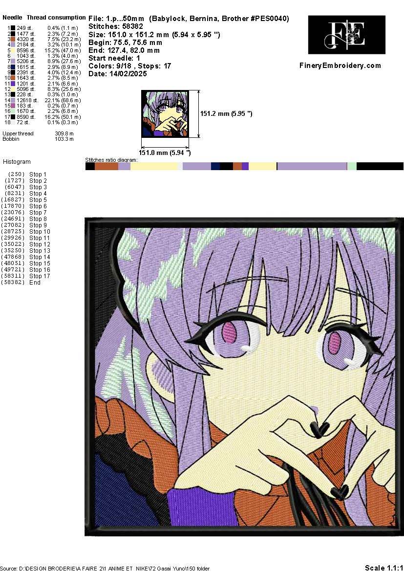 Gasai Yuno Embroidery Design – Iconic Yandere Expression - Image 2