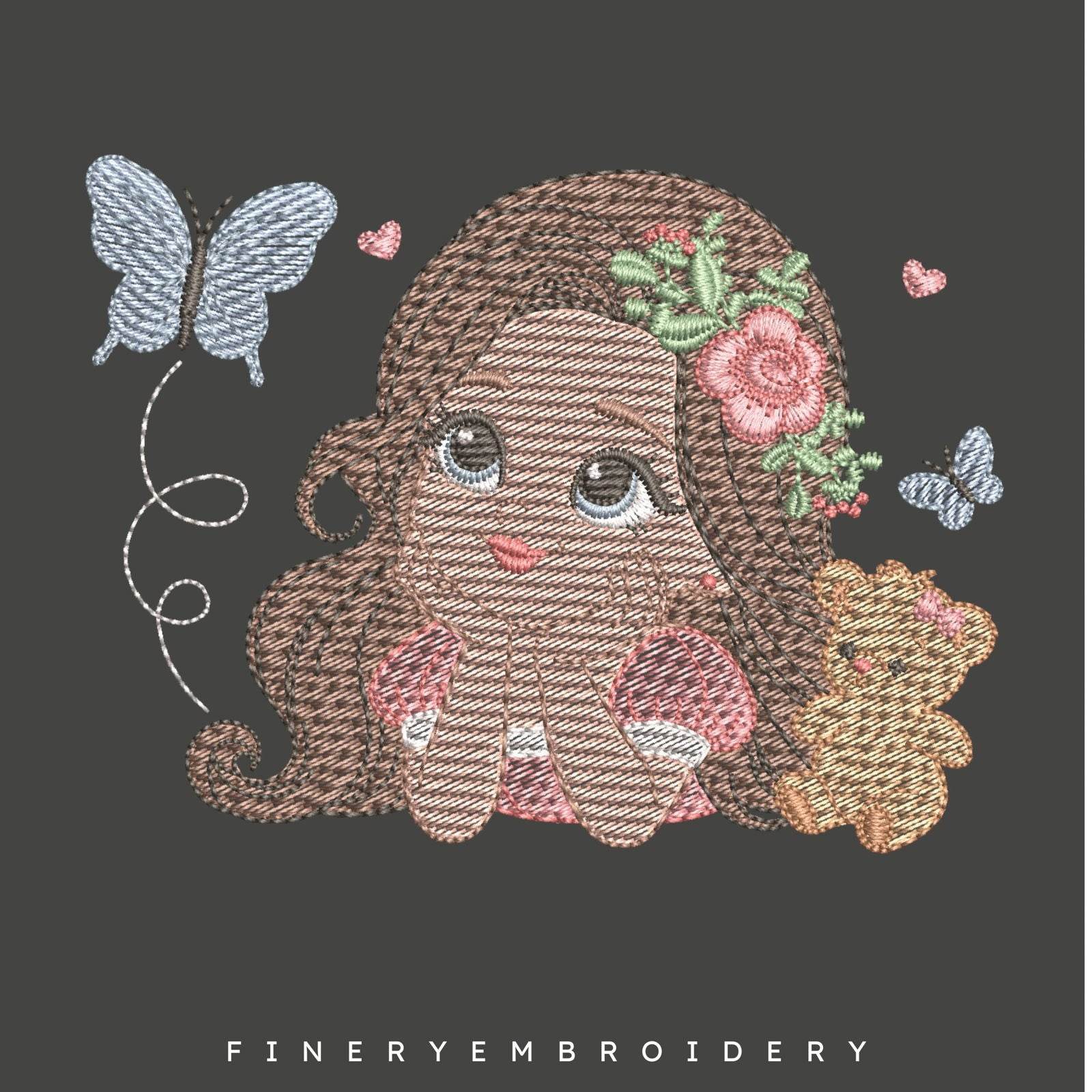 Girl with Flowers and Butterfly Embroidery Design | FineryEmbroidery - Image 2