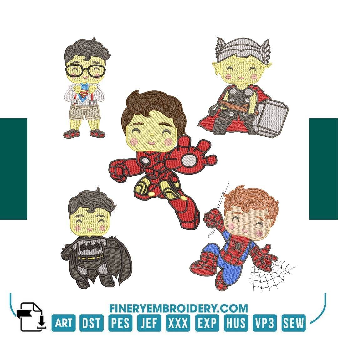 Kids Superhero Embroidery Designs Pack β 5 Designs in 6 Sizes