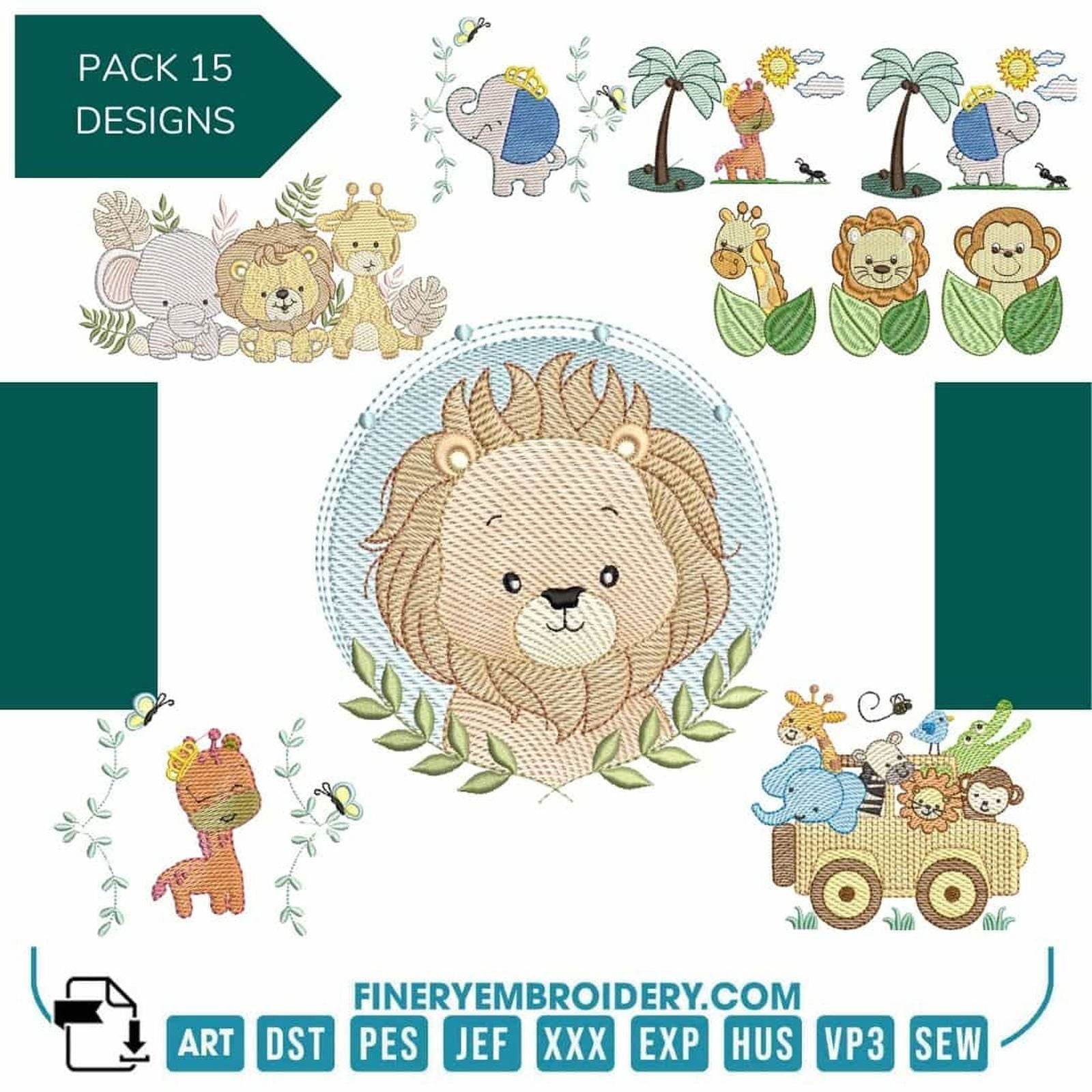 Pack - 15 designs Wild animal and safari-themed - Embroidery Designs