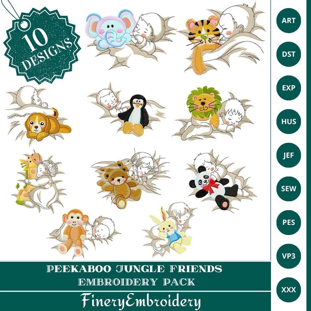 Peekaboo Jungle Friends Embroidery Pack β Pack of 10 Adorable Designs