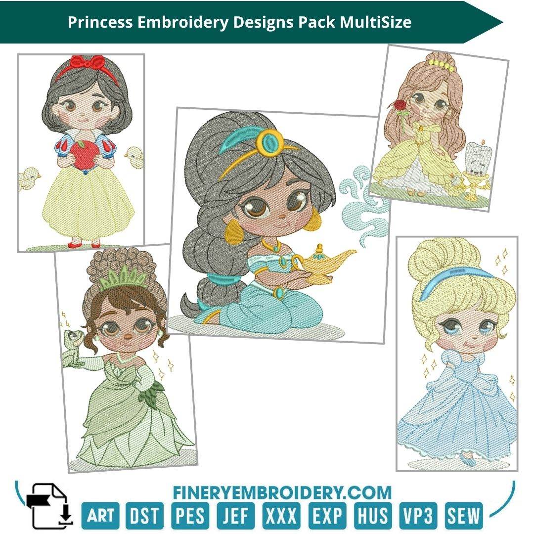Princess Embroidery Designs Pack: Bella, Snow White, Cinderella, Jasmine & Tiana