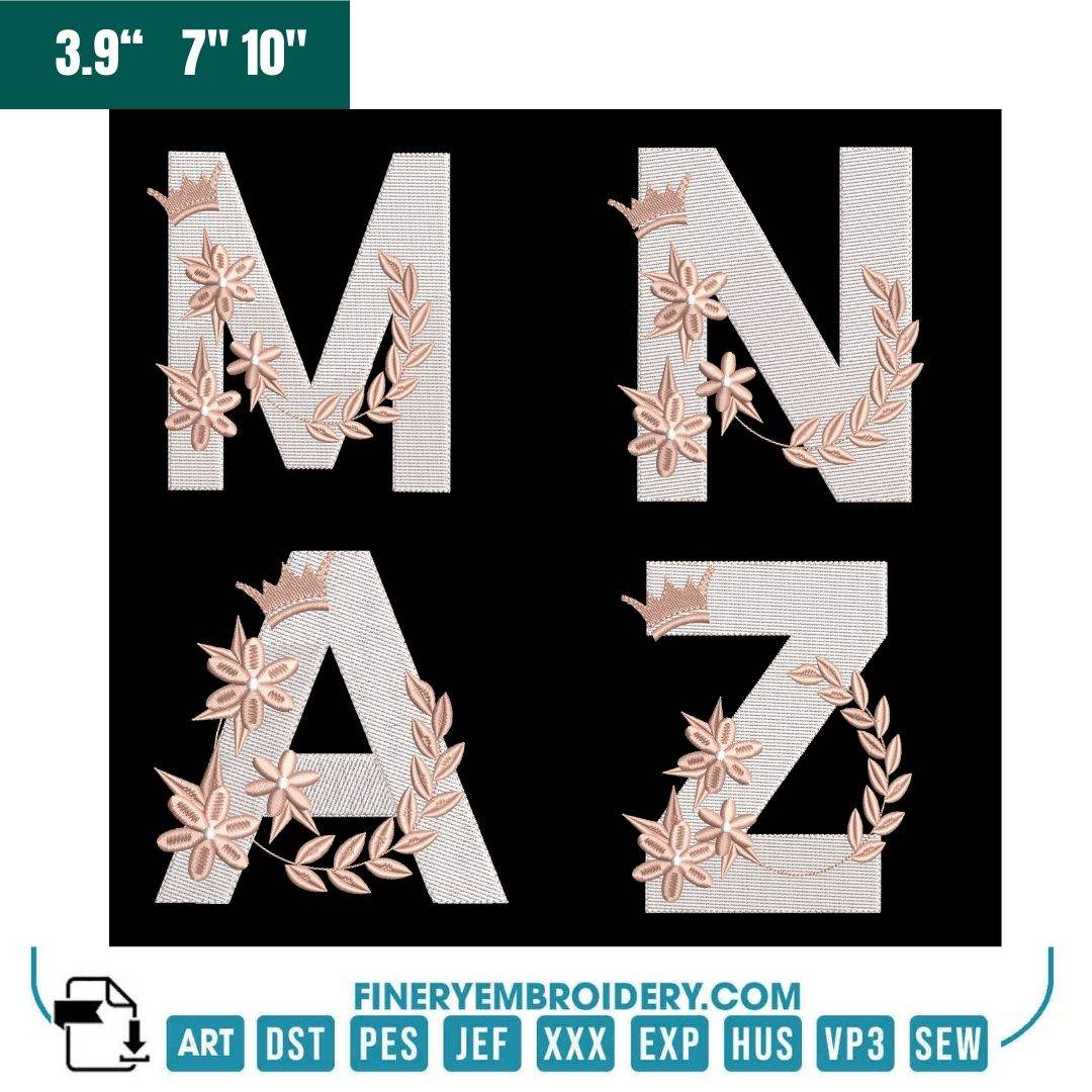 Regal Floral Alphabet Embroidery Pack – Royal Monogram Letters with Crown & Laurel Designs
