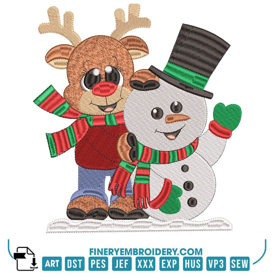 Reindeer Snowman Embroidery Design – 5 Sizes | FineryEmbroidery