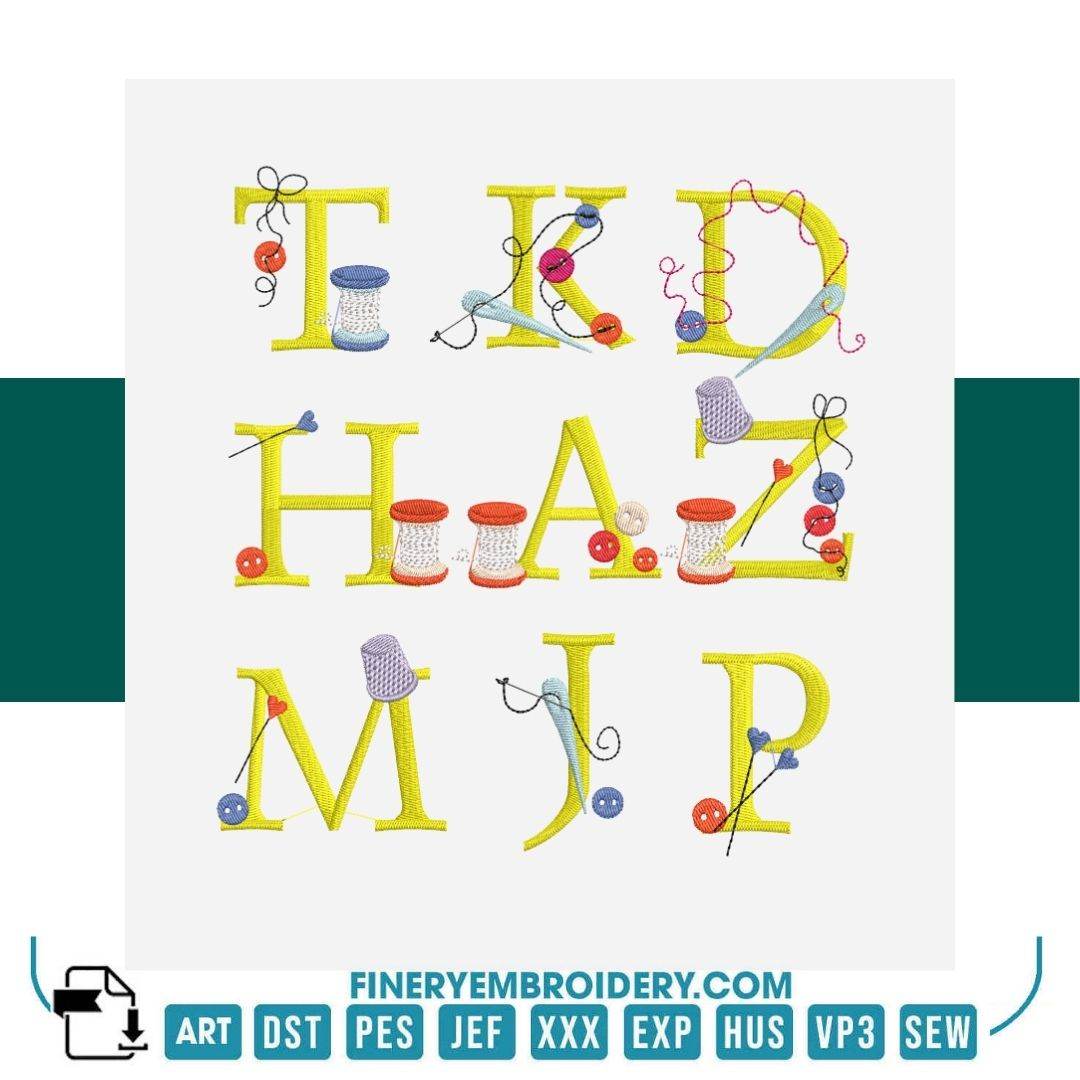 Sewing-Themed Alphabet Embroidery Design Pack – 26 Letters | FineryEmbroidery