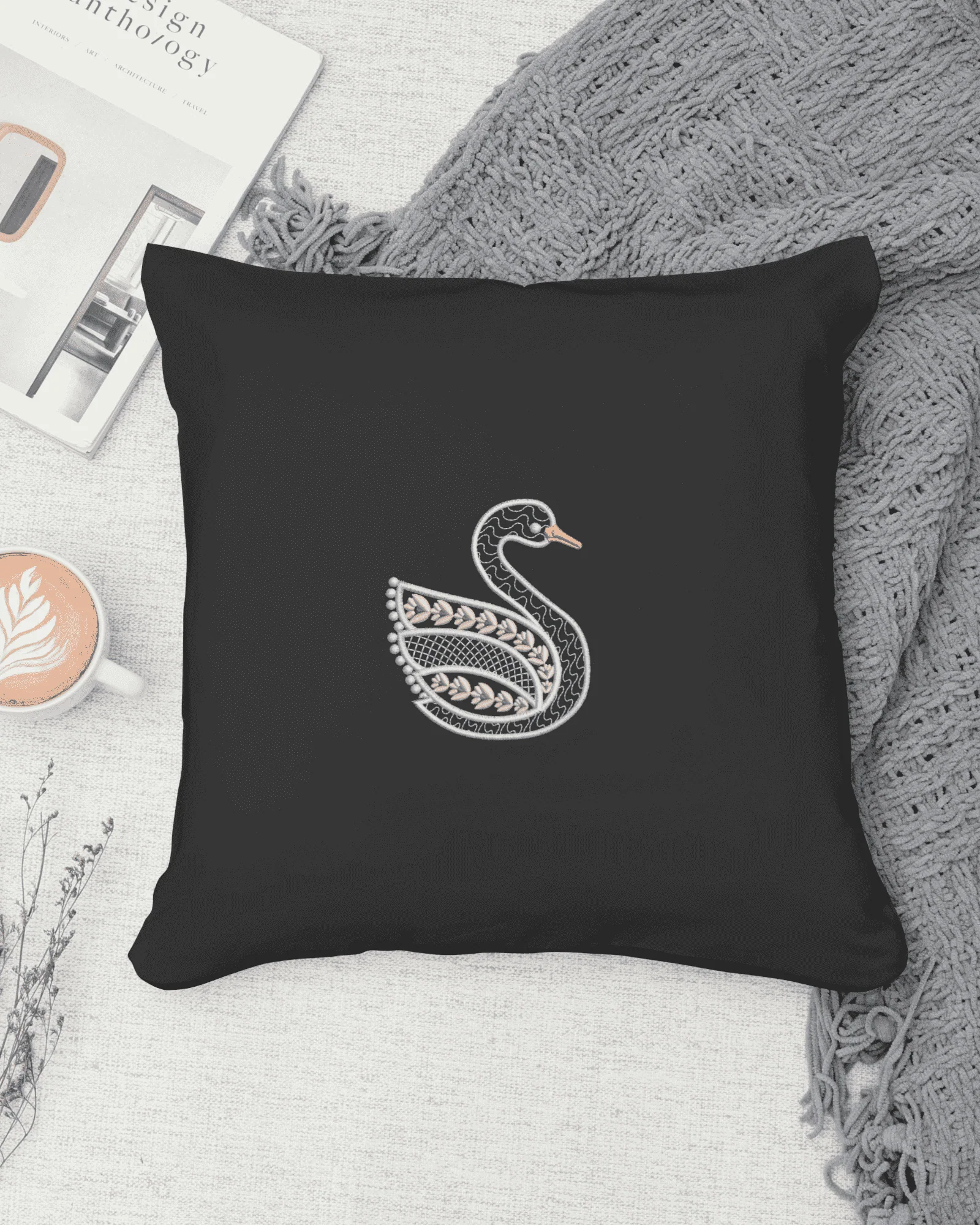 Swan Serenity 9: Exquisite White Embroidery Design - Image 2