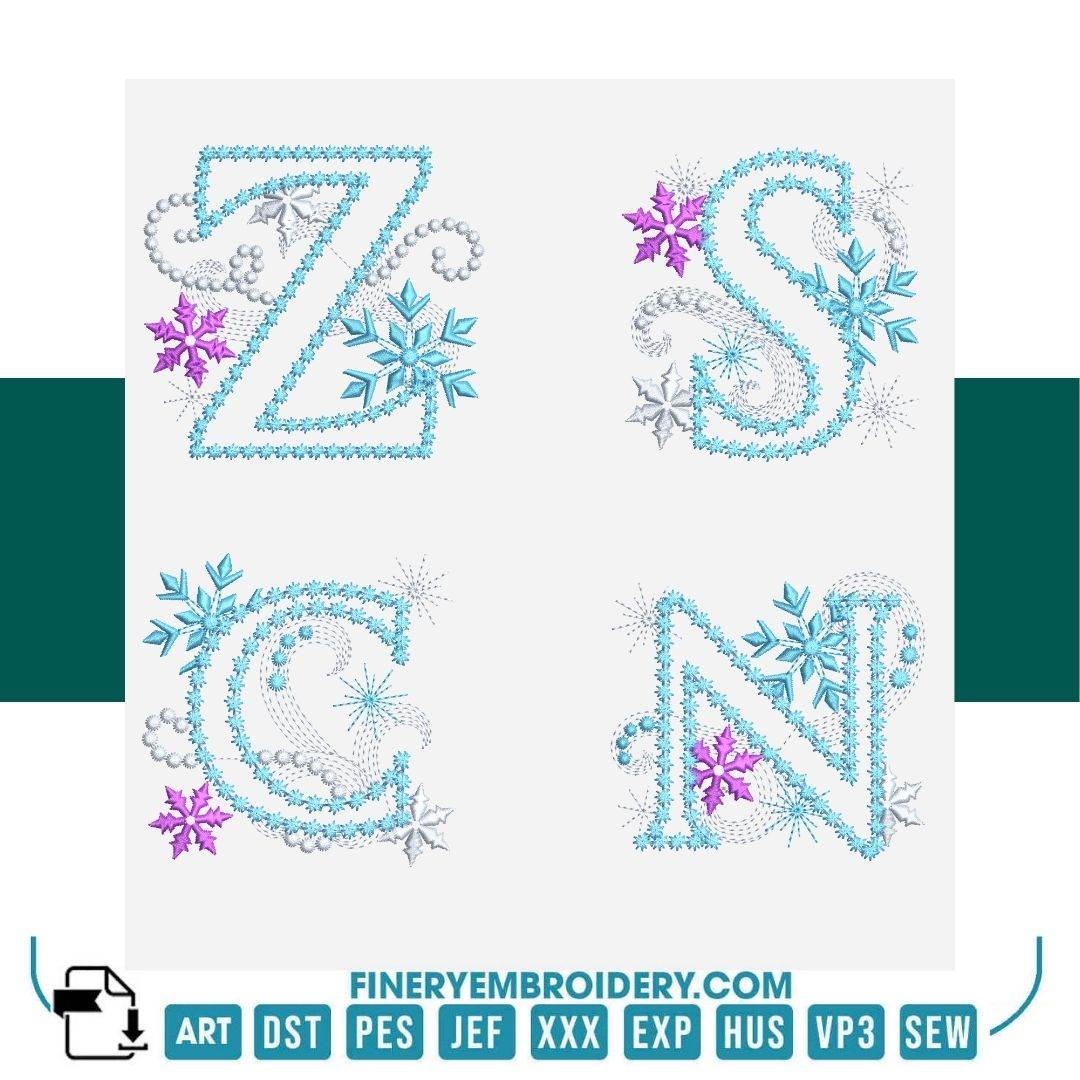 Winter Snowflake Alphabet Embroidery Design Pack – 26 Letters in 2 Sizes | FineryEmbroidery
